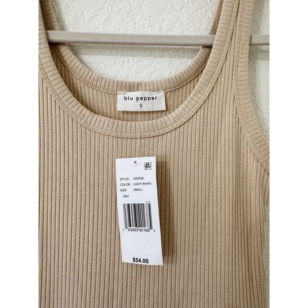 NWT Blu Pepper Beige Ribbed Tank Midi Dress Pockets Small - Picture 4 of 5